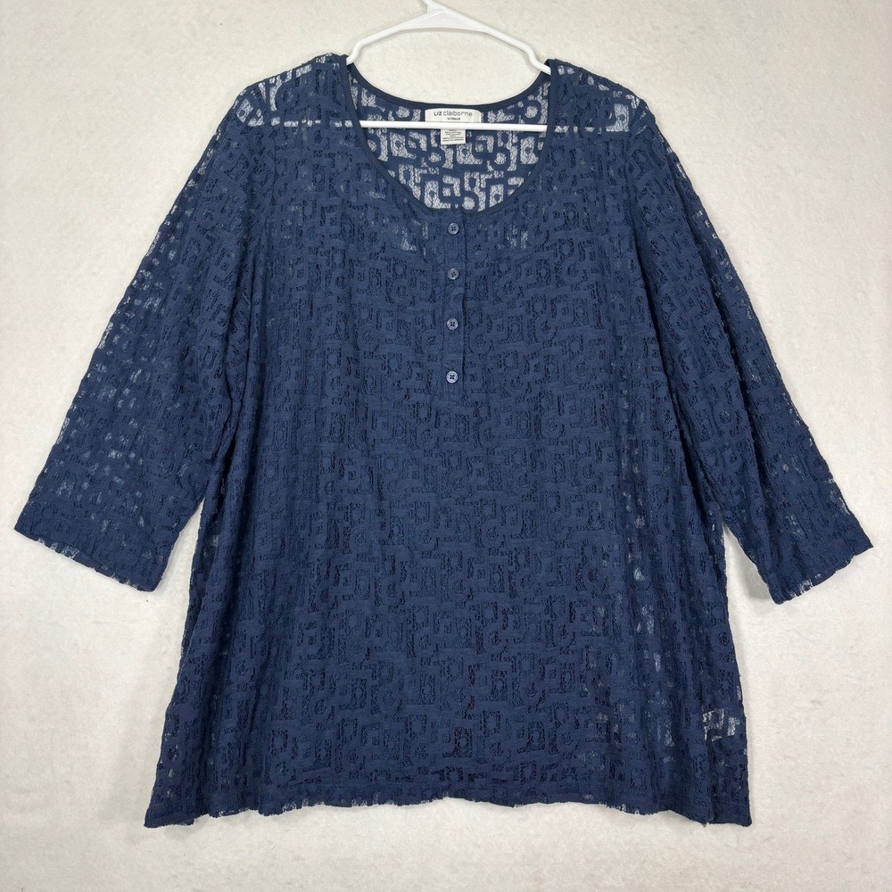 Liz Claiborne Lace Tunic Top Womens 2X Blue Boho Relaxed Lightweight